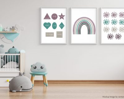 Watercolor Rainbow, Shapes and Numbers Set of 3 Wall Art | Kindergarten