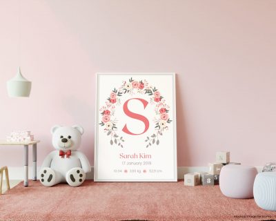 Custom Roses Framed Letter Birthographic for little girls | Floral Theme | Nursery Wall Art